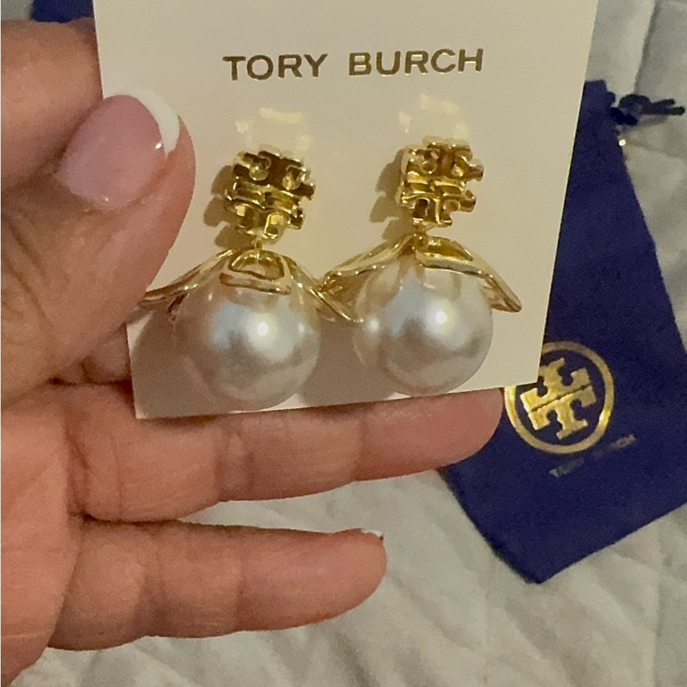 Tory Burch Gold and Pearl Drop Earrings